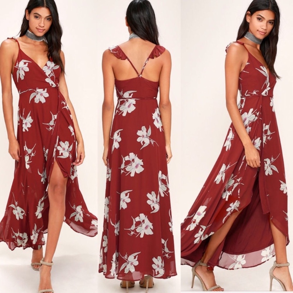 Lulus All Mine Red Burgundy Floral High Low Wrap Maxi Dress NWT Tie Waist Ruffle